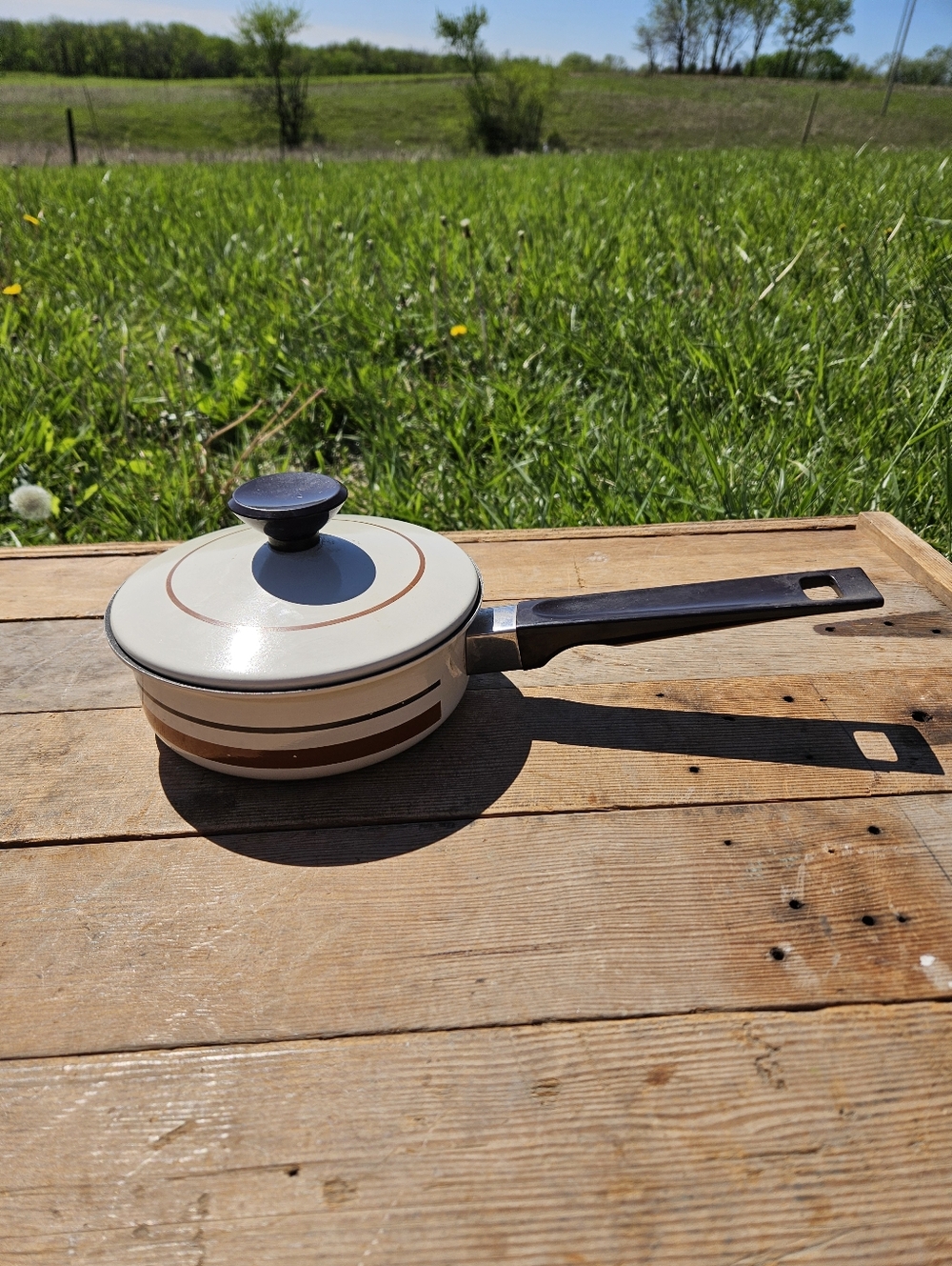 Vintage Regal Ware 1 Qt Saucepan  & Lid Cast Cream Striped MCM 3118